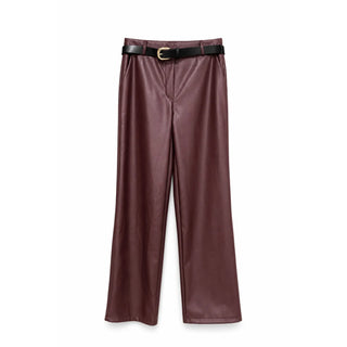 Burgundy Faux Leather Straight Leg Belted One Size Pants