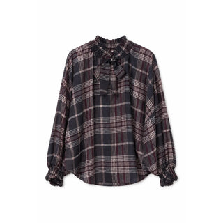 Black Plaid Ruffle Neck Bow Tie Balloon Sleeve One Size Blouse