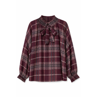 Red Plaid Ruffle Neck Bow Tie Balloon Sleeve One Size Blouse