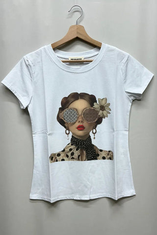 Chic Girl Print White Fitted T-Shirt