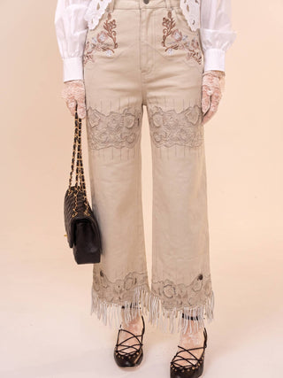 Washed Sand Embroidered Fringe Wide Leg Jeans
