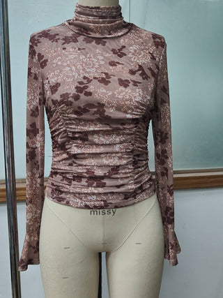 Wine Floral Mesh Ruched Mock Neck Top - Faire photo 4