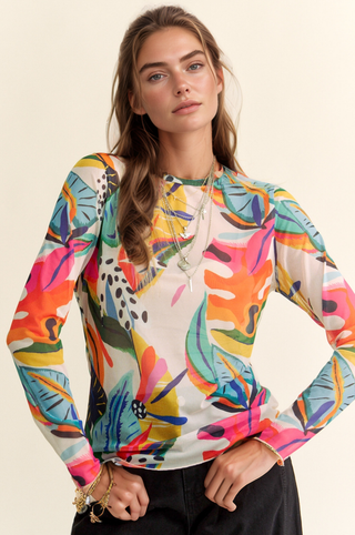 COLORFUL TROPICAL DROWING MESH LONG SLEEVE TOP - Born To Glam