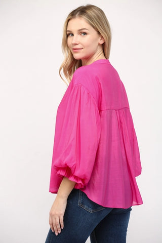 Fuchsia Puff Sleeve Button Down Top