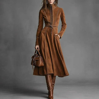 Retro Suede Zipper Belted Midi Dress Size