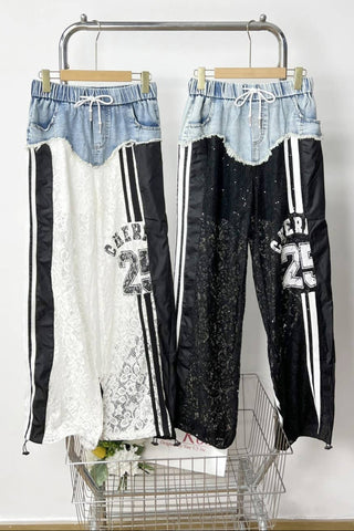 Denim Lace Sport Pants with Number Patch - Born To Glam