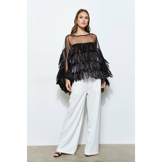 Black Shimmer Organza Scallop Ruffle Layered Blouse - Born To Glam