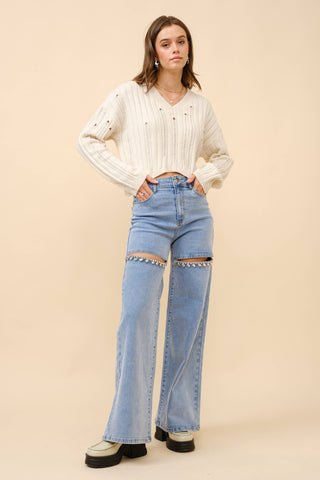 Mid Rise Crystal Slit Bottom Denim Jeans - Born To Glam