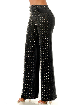 Black Studded Wide Leg Denim Pants – supplier view 2
