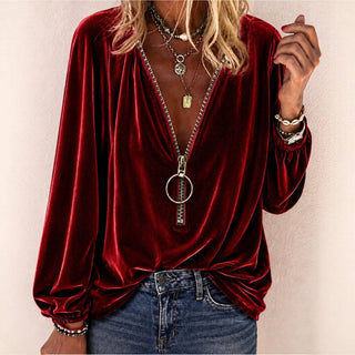 Burgundy Velvet Zip Front V-Neck Long Sleeve Top