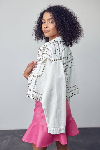 White Studded Oversized Denim Jacket - Born To Glam