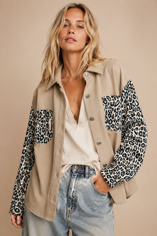 Khaki Wild Side Leopard Contrast Button-Down Shacket