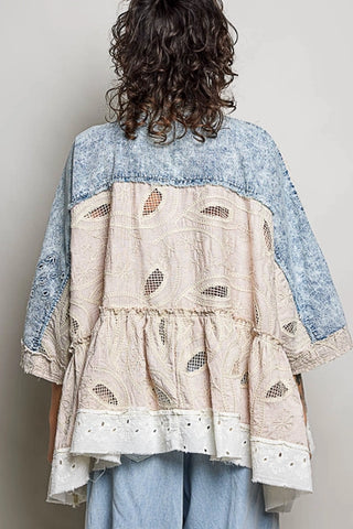 Denim Eyelet Crochet Patch Jacket
