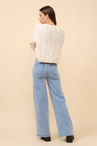 Mid Rise Crystal Slit Bottom Denim Jeans - Born To Glam