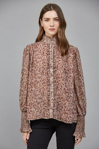 Brown Animal Print Ruffle Blouse