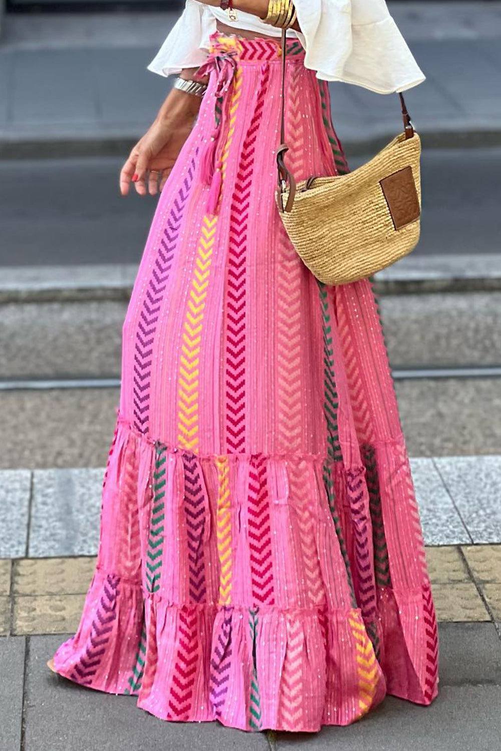 Pink Boho Printed Tasseled Drawstring Ruffled Maxi Skirt Born To Glam