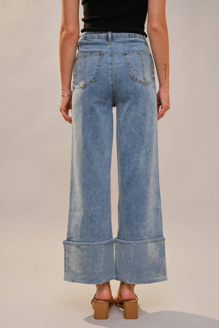 Cuffed Sequin Bottom Detailed Jeans - Born To Glam