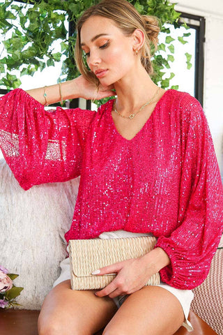 Fuchsia V-Neck Balloon Sleeves Sequin Blouse Top - Born To Glam