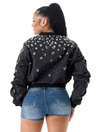 Black Floral Pearl Long Sleeve Bomber Jacket – supplier photo 3