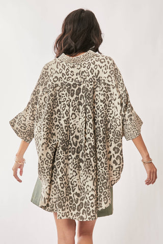 TAUPE LEOPARD ANIMAL PRINTED RIBBON RUFFLE SLEEVE SHIRT TOP - Born To Glam