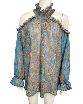 Peacock Green Off Shoulder Puff Sleeve Chiffon Blouse - Peacock Green