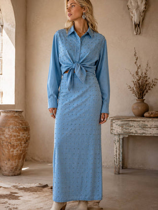 Light Wash Studded Denim Midi Skirt - Faire photo 2