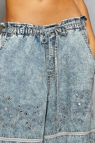 Wide Leg Denim Pants Laser Cut Detail
