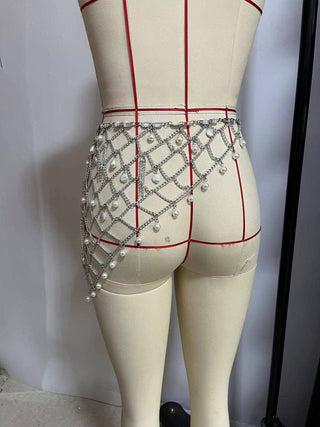 Pearl Chain Belt Mesh Skirt - Picture Color