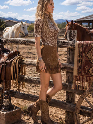 Brown Studded Fringe Mini Skirt - Faire photo 4