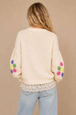 Cream Floral Embroidered Round Neck Sweater Top alternate view