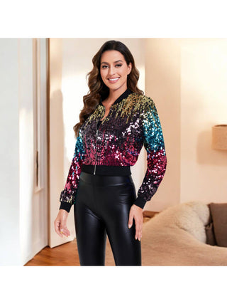 Gradient Sequin Bomber Jacket styled
