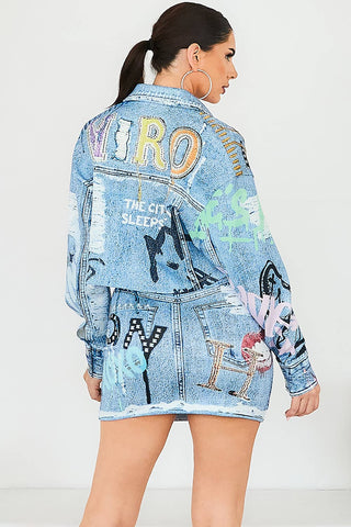 Denim Effect Printed Mini Skirt