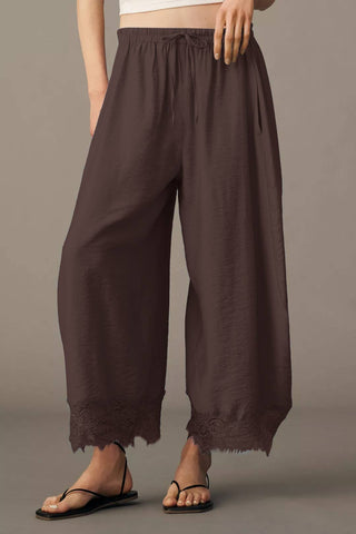 Brown Lace Trim Wide Leg Pants on model