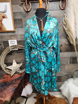 All Turquoise Long Sleeve Belted Satin Robe