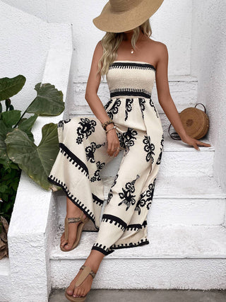 Beige Smocked Strapless Wide Leg Jumpsuit styled