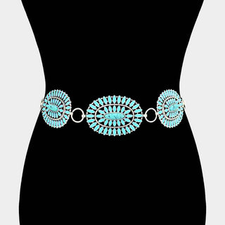 Boho Vintage Western Oval Turquoise Stone Concho Chain Belt - Born To Glam
