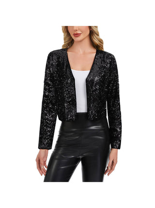 Black Sequin Cropped Open-Front Jacket front