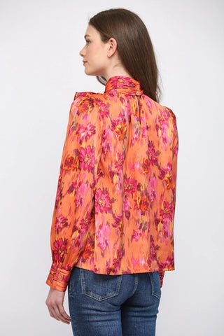 Orange Satin Floral Tie Neck Blouse