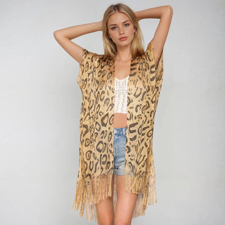 Gold Lurex Leopard Fringe Kimono Animal Print Duster
