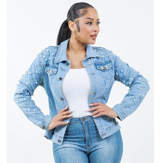 Radiant Pearls Rhinestone Deco Jean Jacket Light Denim Multicolor