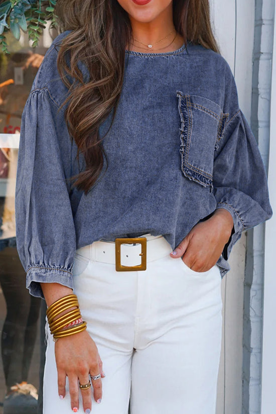 Sky Blue 3/4 Sleeve Ruffled Patched Pocket Denim Blouse - Born To Glam Born To Glam