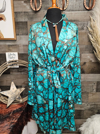 All Turquoise Long Sleeve Belted Satin Robe — Faire photo 2