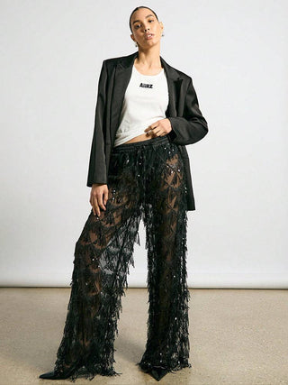 Black Sequin Fringe Mesh Wide Leg Pants