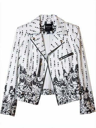 White Baroque Dot Print Moto Jacket