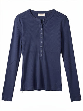 Navy Blue Ribbed Knit Button Henley Top