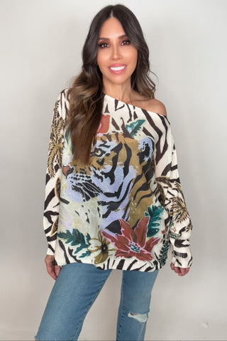 Tiger Floral Round Neck Knit Printed Sweater - Born To Glam
