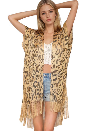 Gold Lurex Leopard Fringe Kimono Animal Print Duster - One Size