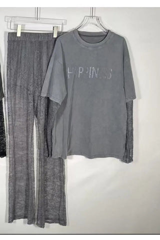 Charcoal top with sheer lace layered long sleeves and subtle 'Happiness' graphic, shown with matching lace pants