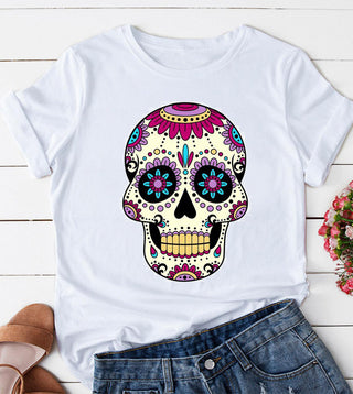 White short sleeve graphic tee featuring a colorful sugar skull design with rhinestone and crystal embellishment.