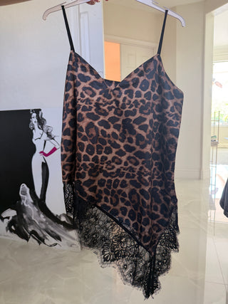 Coffee Leopard Lace Trim V-Neck Asymmetric Cami Top received hanger view